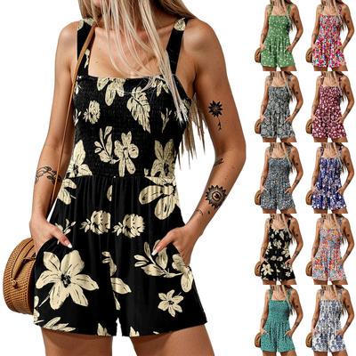Women's Summer Casual Smocked Rompers Square Neck Sleeveless Loose Shorts Jumpsuits Beach Vacation Outfits