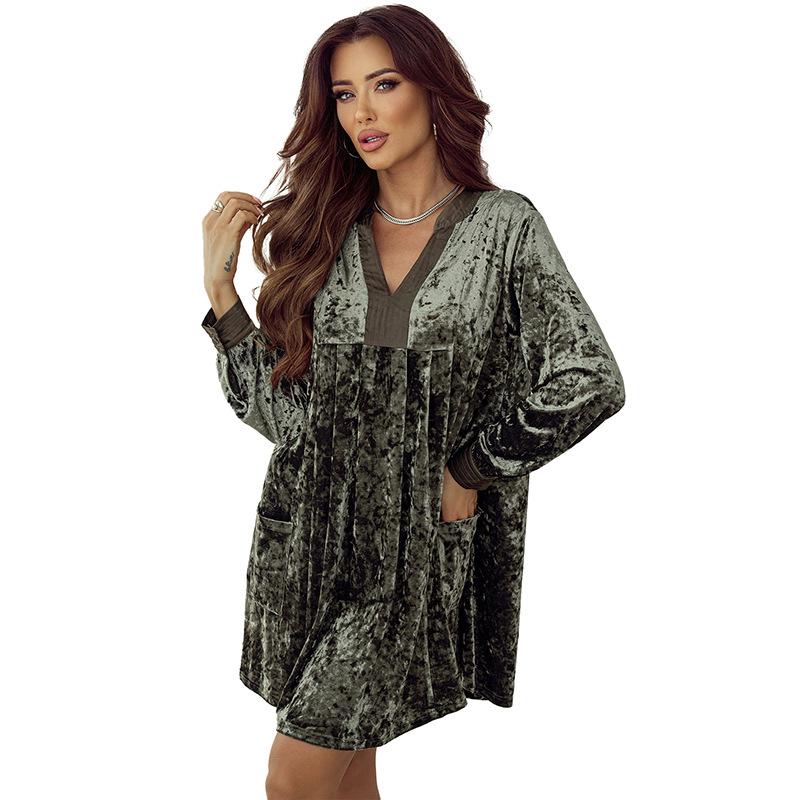 

Элегантное осеннее бархатное платье длиной до колена - Универсальный однотонный цвет для женщин Large