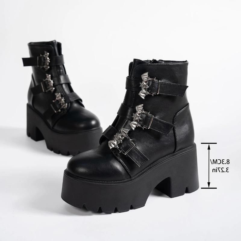Fashion Women Boots Fashion Mid Calf Leather Boot Street Punk Boots Motorcycle Ankle Boot 8cm Height Increasing Platform Boots for Women