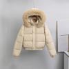 Women's Hooded Faux Fur Collar Long Sleeve Puffer Jacket Loose Fit Short Winter Coat