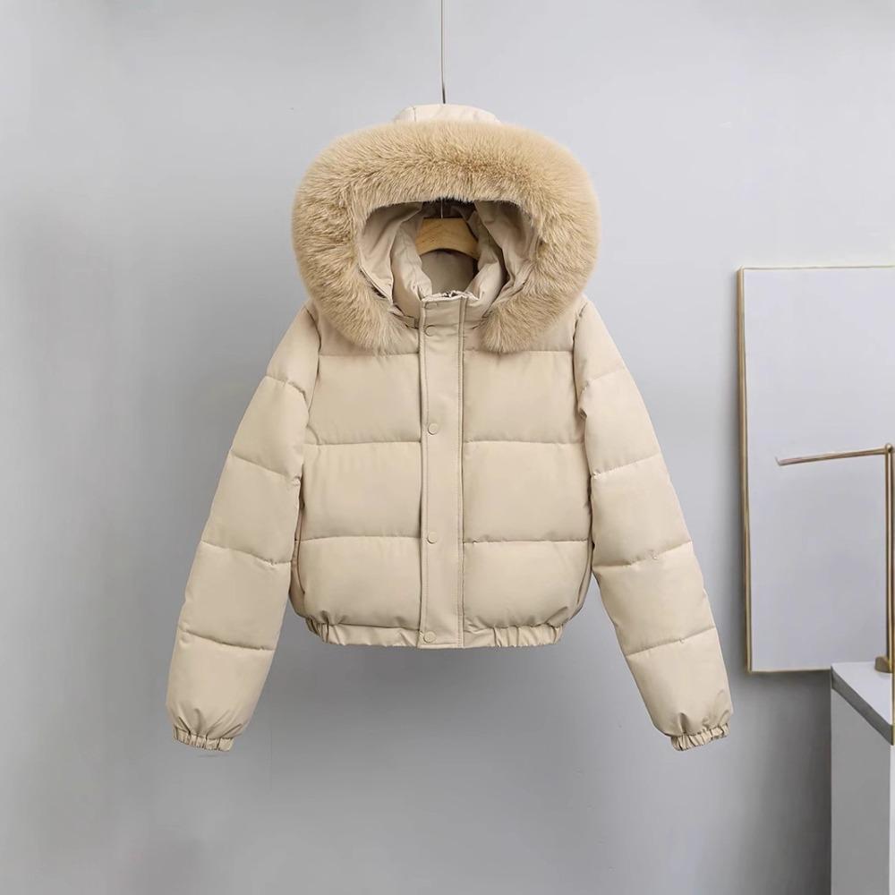 Women's Hooded Faux Fur Collar Long Sleeve Puffer Jacket Loose Fit Short Winter Coat
