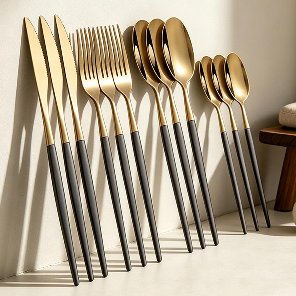 12 Delen/Set Zwart Goud Bruiloft Bestekset Roestvrij Staal Tafelgerei Mes Vork Lepel Servies Set Keuken Bestek Zilverwerk