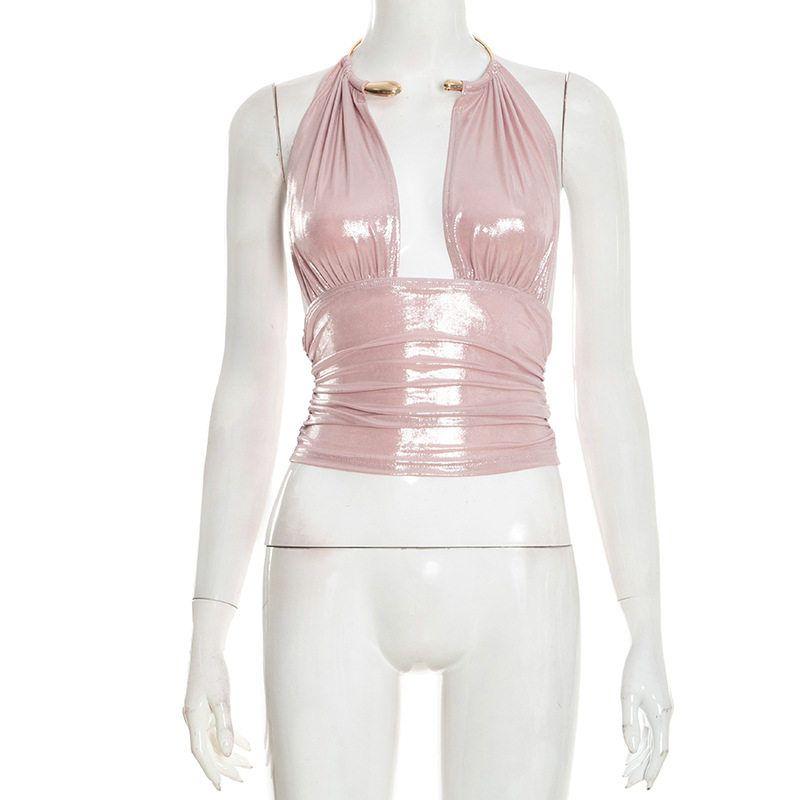 D25Tp557 European and American Style Cross-Border Women's Clothing Autumn and Winter New Amazon Model Metal Ring Backless Sexy Sleeveless Top