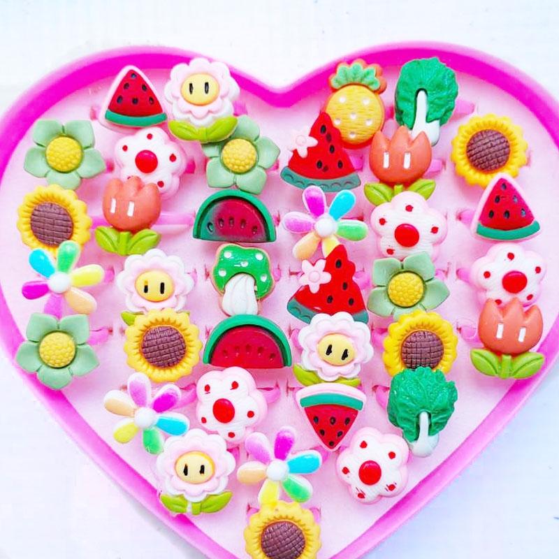 10pcs/Lot Cute Children's Cartoon Rings Glitter Flower Fruit Shape Plastic Adjustable Ope Excluding boxes