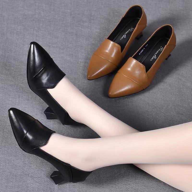 Temperament High Heels Women's Spring and Autumn New Pointed Thick Heel Versatile One-pedal Single Shoes Soft Leather Medium Heel Small Leather Shoes