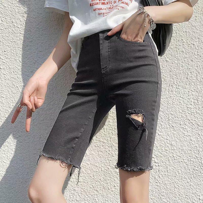 Black straight-leg shorts women's summer high-waisted Hong Kong-style denim pants wear tight ripped cycling pants five-point pants
