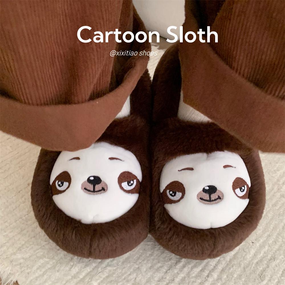 Fashion Indoor Cotton Slippers For Women Men Winter Warm Shoes Cute Cartoon Sloth Soft Plush Anti-slip Couples Home Floor Fluffy Shoes