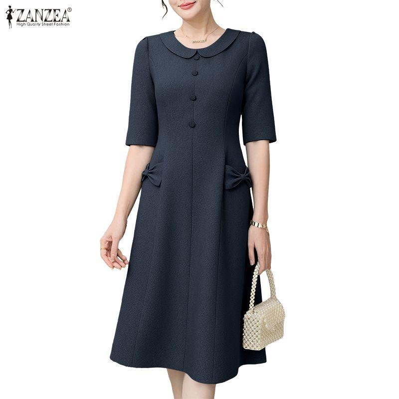 ZANZEA Women Casual Doll Collar Summer Short Sleeve Dress