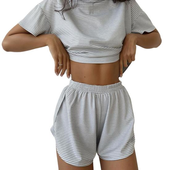 2 Adet/Set Yazlık Ev Giyim Üst ve Pantolon Takımı Çizgili Pijama Bol Uyku Giyim Kısa Kollu Tişört Lastikli Bel Yırtmaçlı Şort Seti