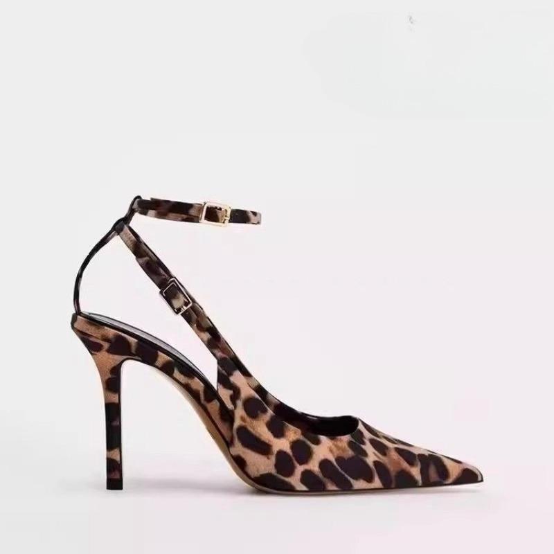 New Sexy Temperament Senior Sense Fine Heel Sandals Pointed Satin Leopard Print High Heels Slingback Sandals Wedding Shoes