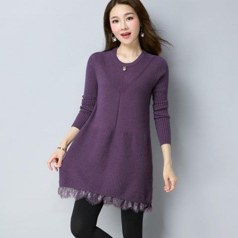 

Осенне-зимняя базовая рубашка женский пуловер средней длины модная осенняя одежда новая женская одежда свободный свитер с кружевной вставкой юбка L [110-60kg] фиолетовый