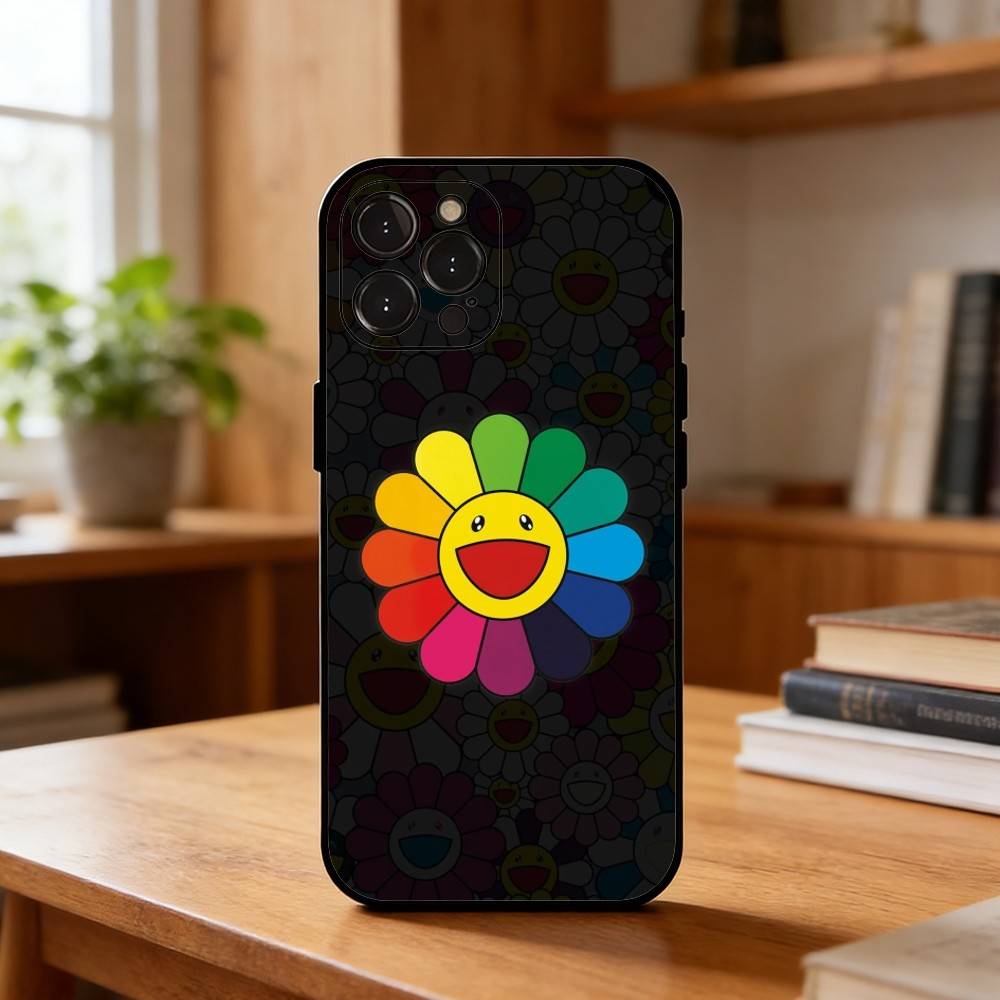 Vibrant Pop Trend M-MurakamiS Art Phone Case For iPhone17,16,15,14,13,12Plus,Pro Max,XS,5G Soft Silicone Black Cover