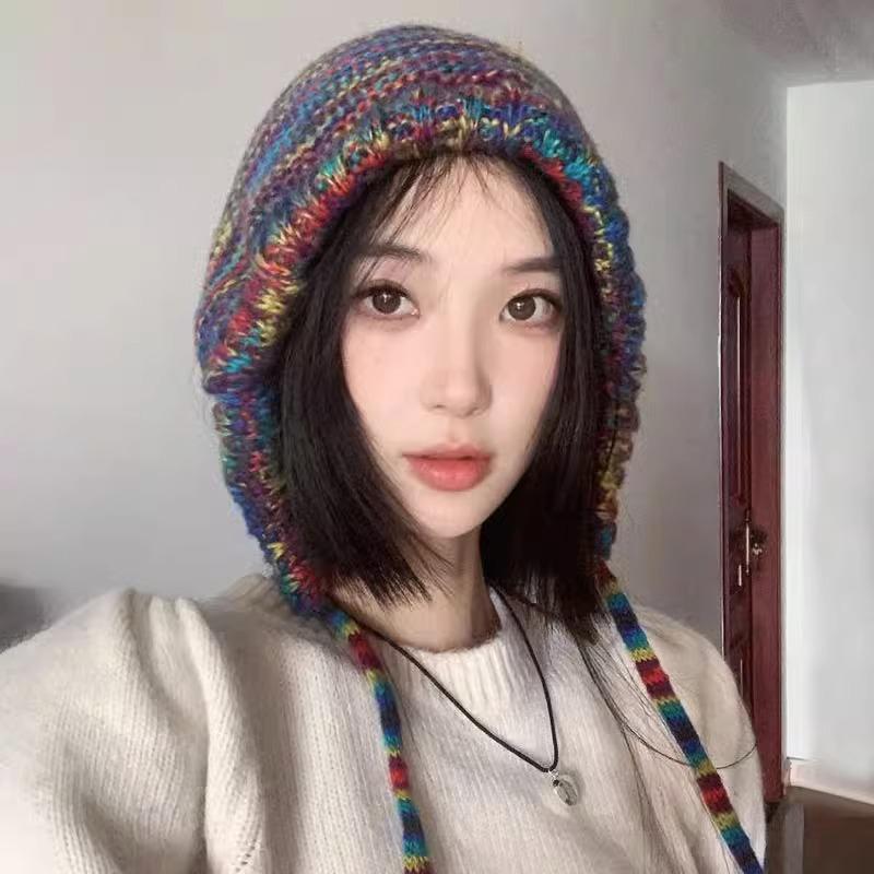 Autumn and winter warm color knitted ear protectors pullover wool hat women's face small rainbow tied hat