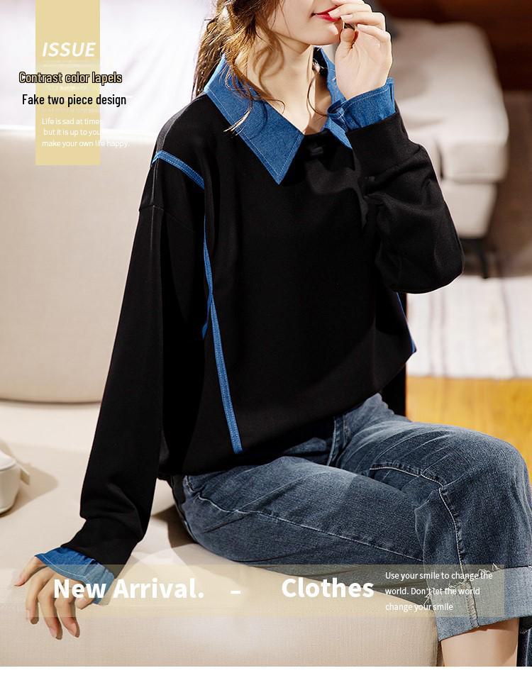 Hanorac fără glugă pentru femei: Modă Toamnă/Iarnă 2023, Croială Largă, Mânecă Lungă la Modă, Aspect Două Piese False, Mărime Mare.