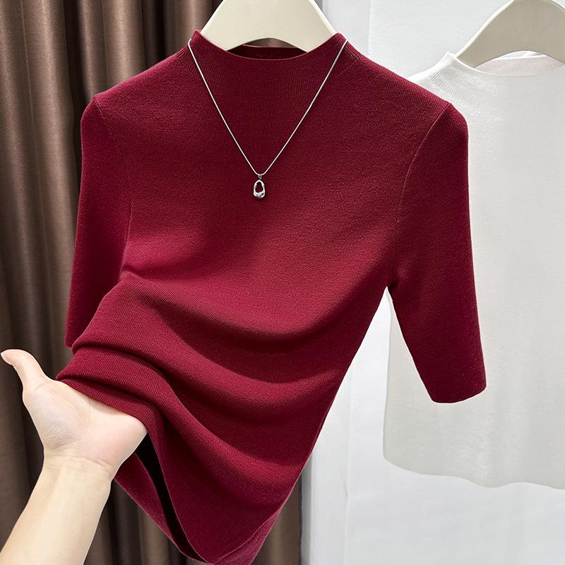 Women's Navy Blue Mid-Sleeve Sweater - Elegant High-End Knit Top with Stand Collar