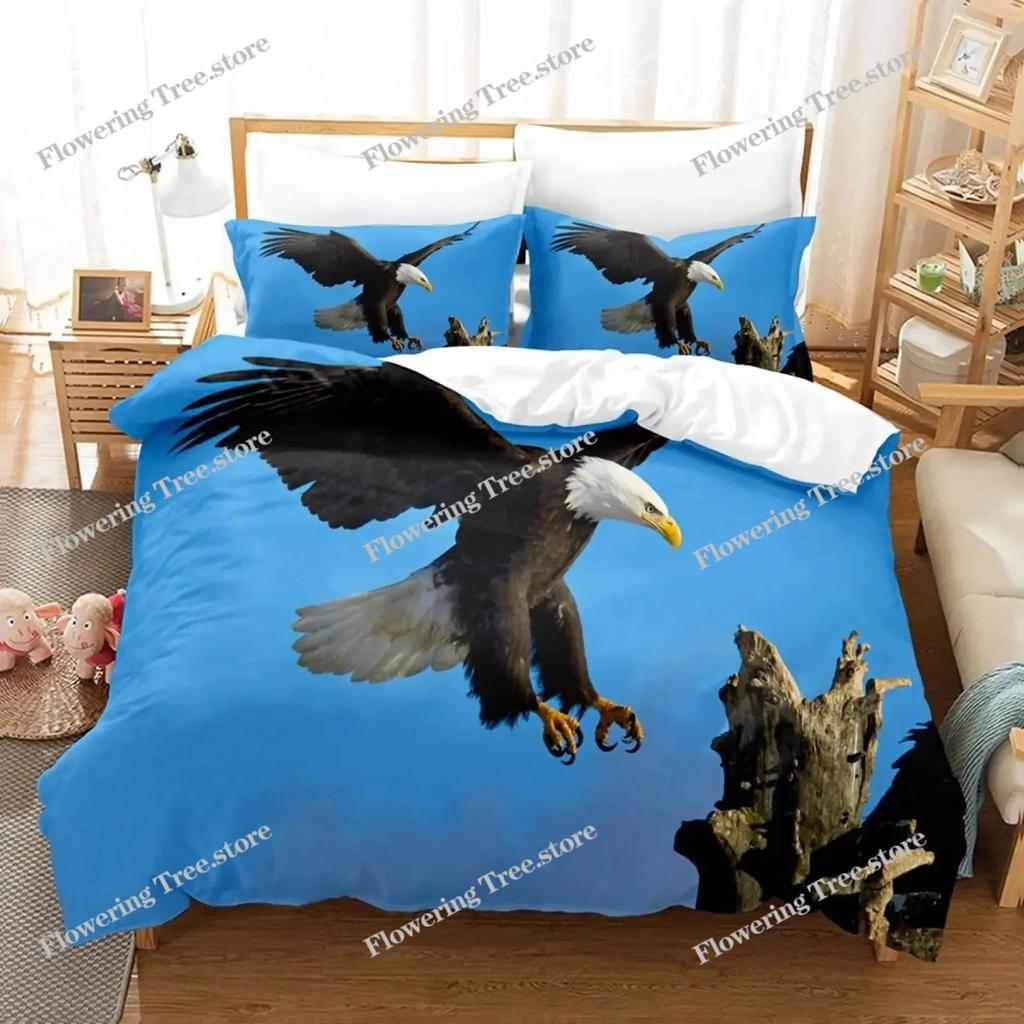 Africa Duvet Cover Set, Aerial View of Bald Eagle Flying USA, Decorative Bedding Set , Full King Size