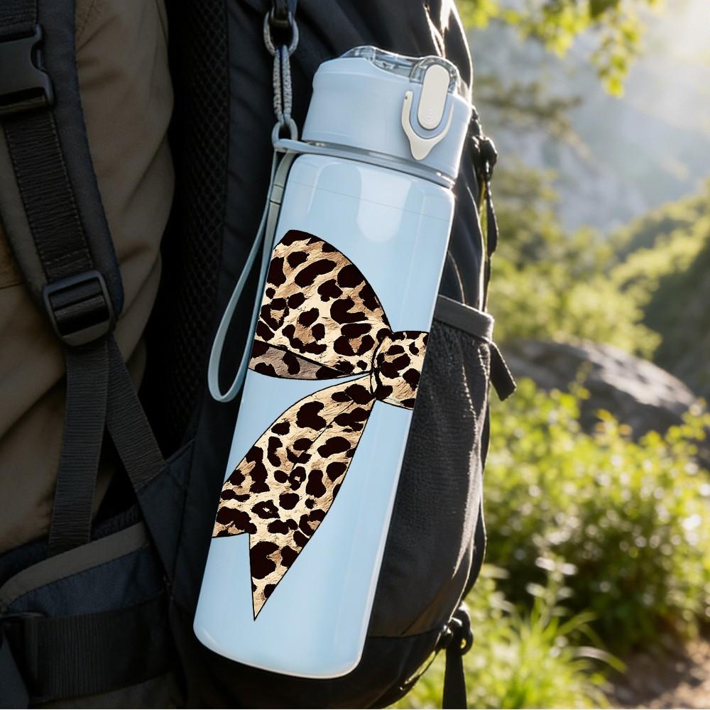 1PC Leopard Print Bow Ribbon Print 750ml Color Plastic Sports Water Bottle Leakproof Flip Straw Lid Suitable for Sports Office Home Use