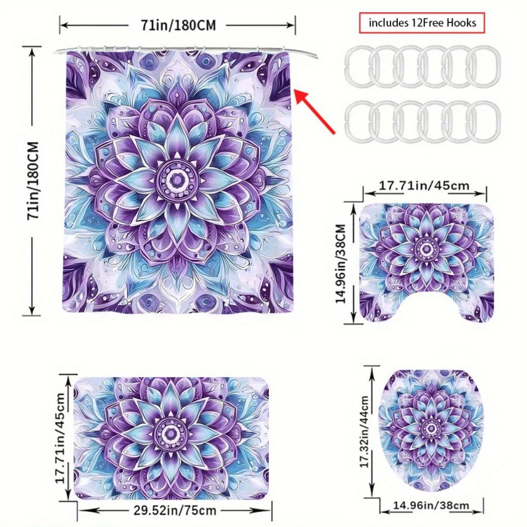 1/4Pcs Bathroom Shower Curtain Set Teal Bohemian Style Bathroom Curtain With 12 Hooks Non Slip Rugs Toilet Cover Mat Bathroom Partition