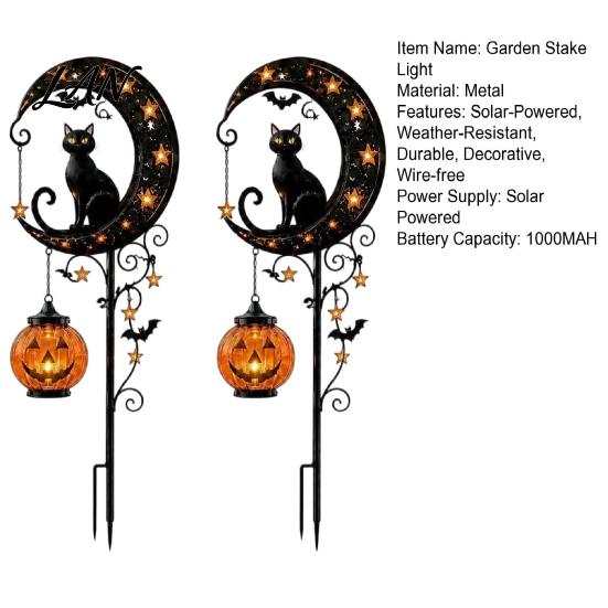 Dekorative Herbstblumenbeetleuchten Halloween Solar-Gartensteckerleuchte, Metall Schwarzkatze & Kürbis Mond Wasserdicht Strombetrieben Dekorationen für Rasen