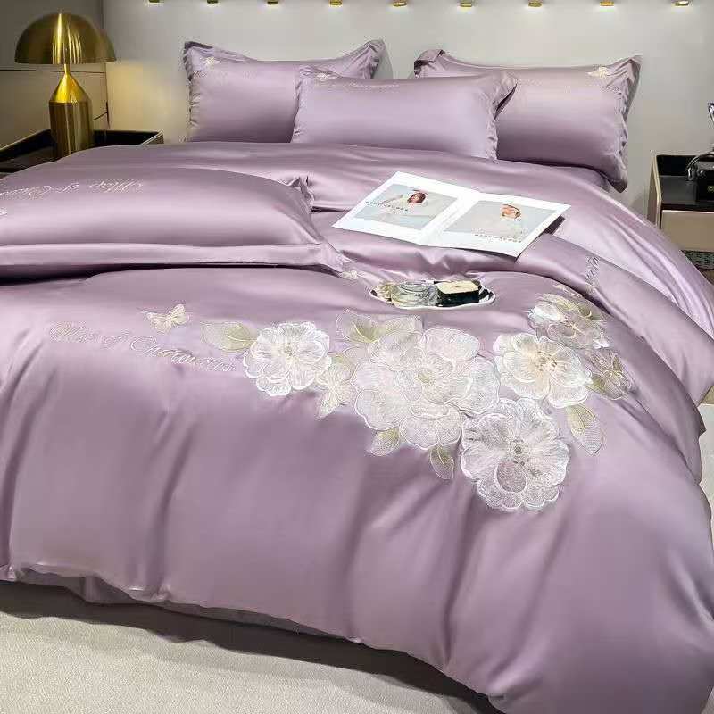 Set de pat din mătase de gheață, set din patru piese, broderie, prietenos cu pielea, respirabil, confortabil, cearceaf de pat, husă de pilotă, față de pernă