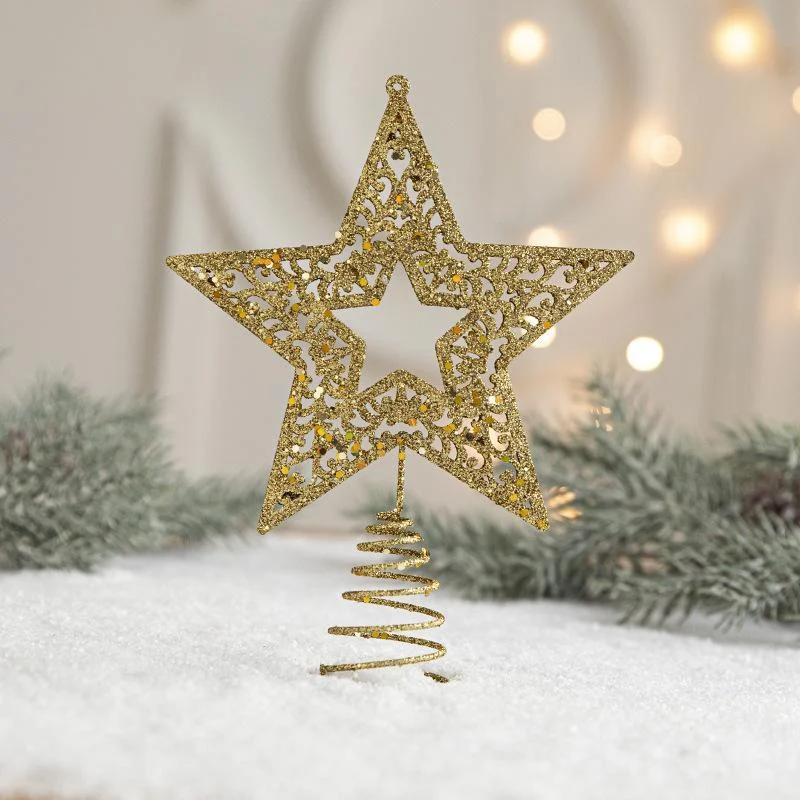 Gold Glitter Christmas Tree Top Iron Star Christmas Decorations for Home Xmas Tree Ornaments New Year 2023