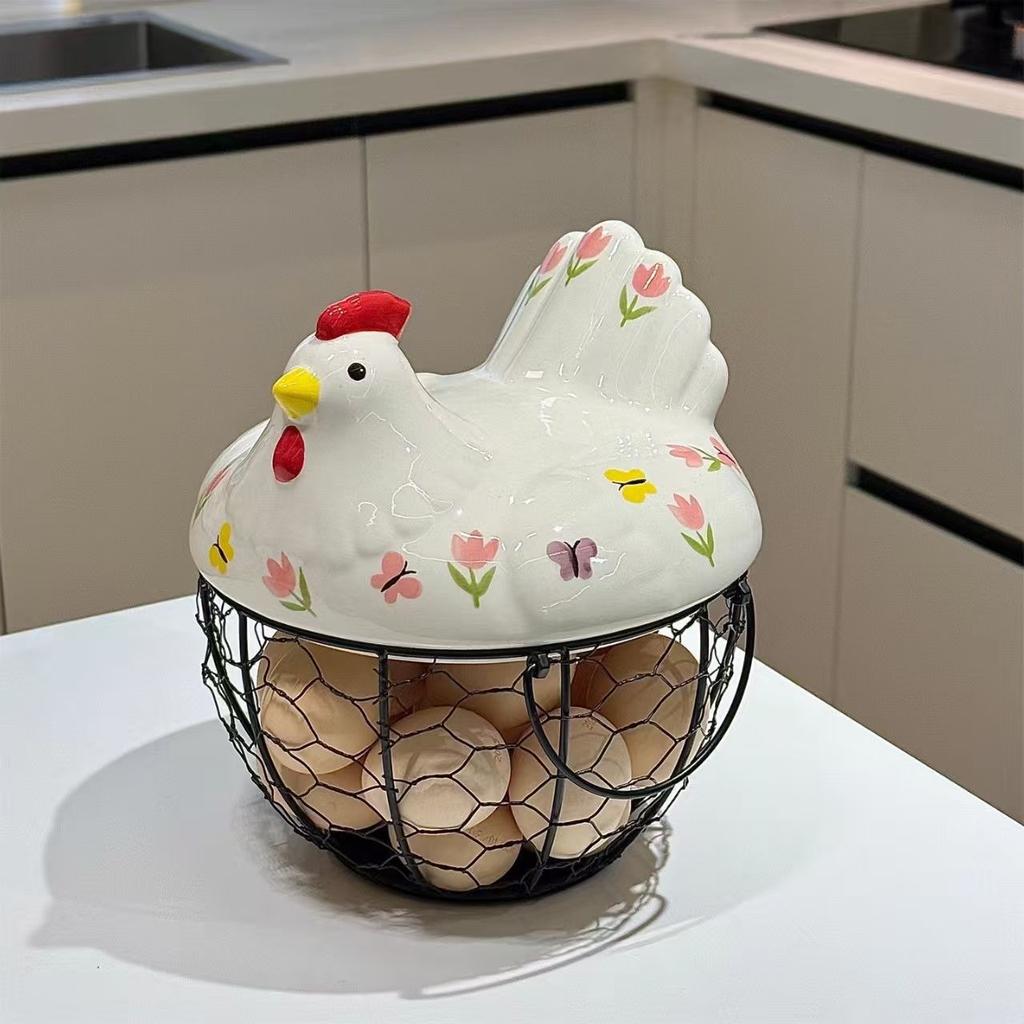 Chicken Design Ceramic Egg Storage Basket Iron Basket Holds 15-25 Eggs, Egg Holder, Organizer Case, Container Egg Basket Holder