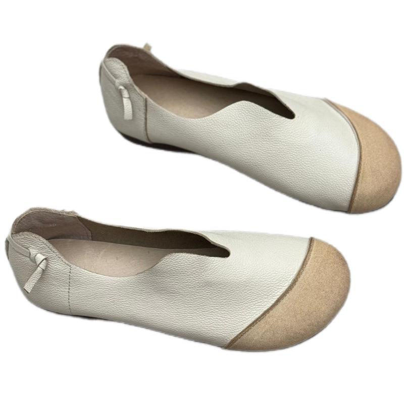 Genuine Leather Single Shoes Spring and Summer Color-matched Round Toe Simple and Versatile Soft-soled Soft Cowhide Casual Shoes