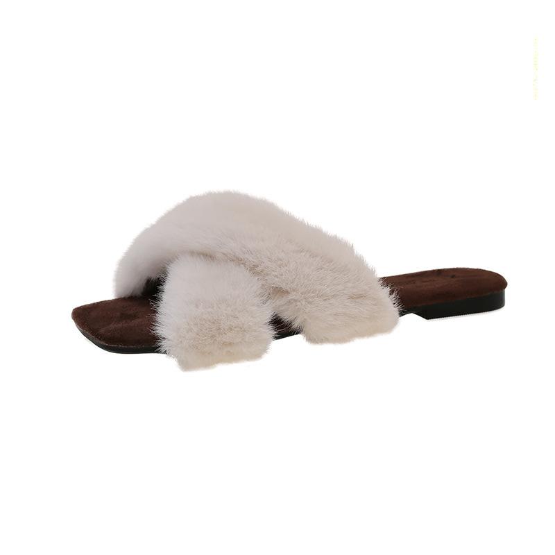 Black high-end flat-bottomed outer wear fluffy slippers female 2025 autumn and winter new one-pedal fairy velvet cotton slippers