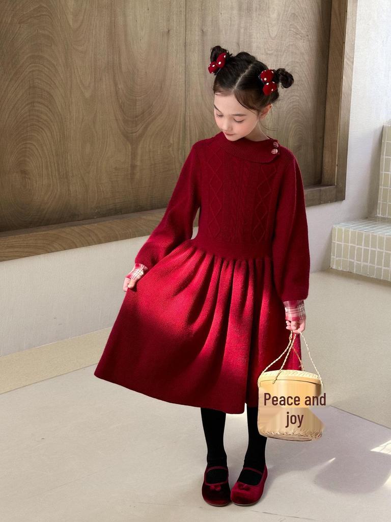 Yuchen Girls' Winter 2025 Plaid Patchwork Knit Dress