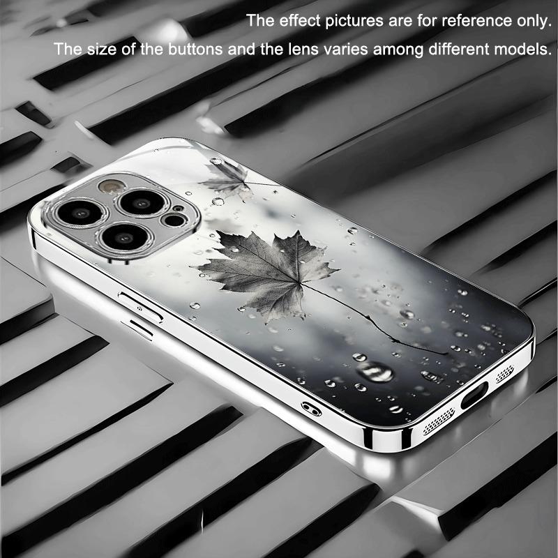 Gray Rainy Maple Leaf Pattern Electroplated Silver Glass Phone Case For iPhone 17 16 15 14 13 12 11 Pro Max Plus 16E 17Air Cover