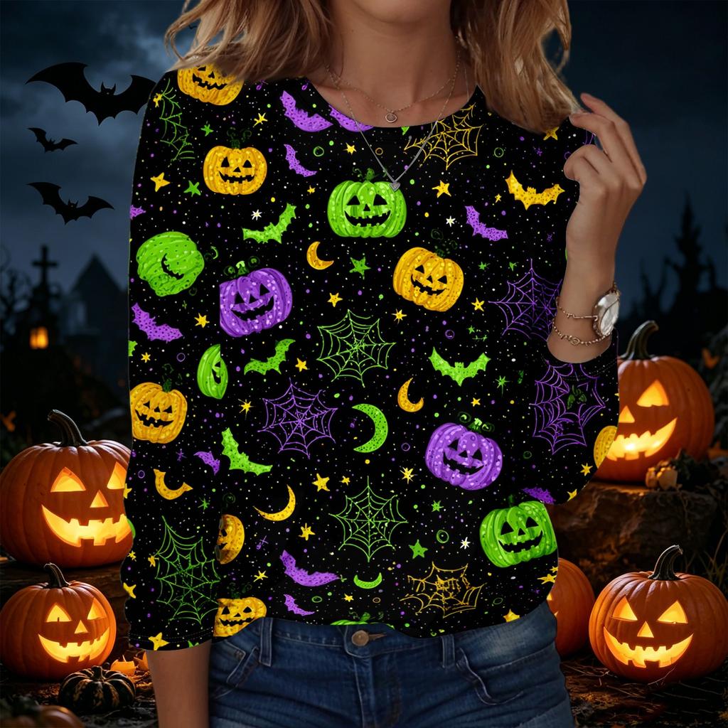 Womens Halloween Pullover Sweatshirt Long Sleeve Crewneck Top Casual Printed Blouse Lightweight Comfortable Fit