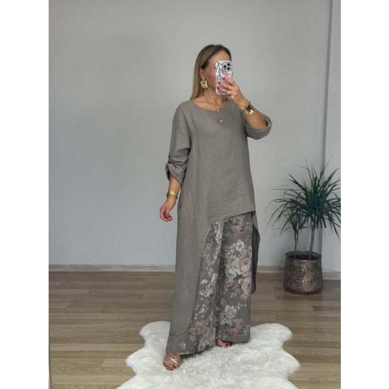 

Women s Fashion Casual Spring Autumn Flower Pattern Print Long Sleeve O-Neck Trousers Pants Suits XXXL серый