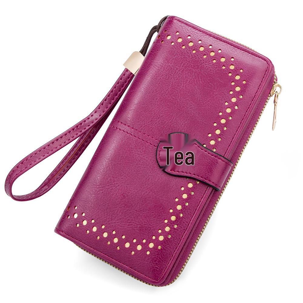 Women's Oil Wax Leather Zip Wallet with Hollow Pattern and Card Holder