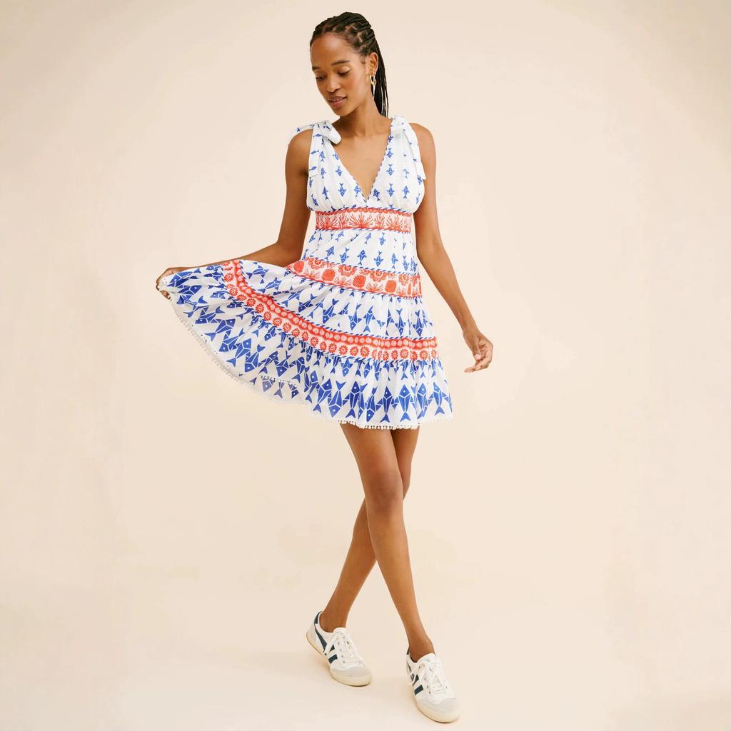 European and American Style Sweet Contrasting Color Printing Suspender Dress Strap Waist Thin Holiday Style V-neck Short Cake Skirt