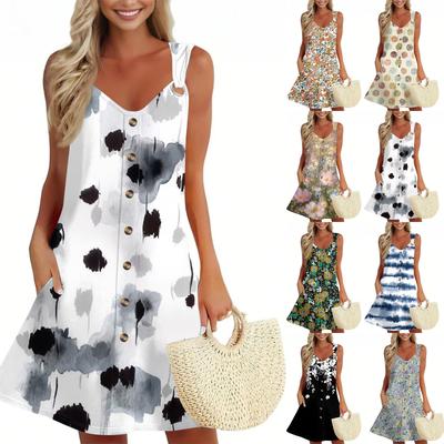 Women's Summer Dress With Pocket Sleeveless Floral Print Sundress