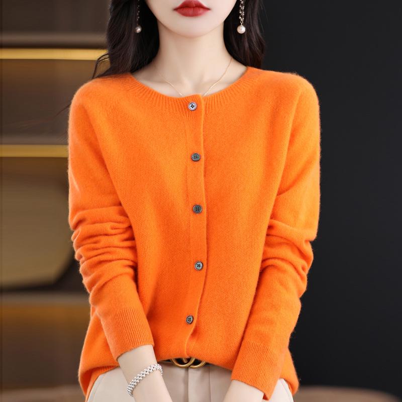 Premium Women's 100% Wool Knitted Cardigan - Slim Fit, Round Neck, Seamless Design for Autumn & Winter