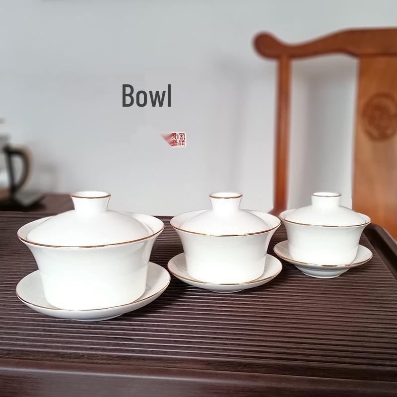Bone China Small White Gaiwan Tea Set - 3-Piece Ceramic Tea Cup for Home, Office, or Tea House Reception.