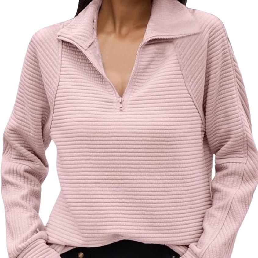 Women's Long Sleeve Half Zip Top with Striped Texture in Multiple Colors