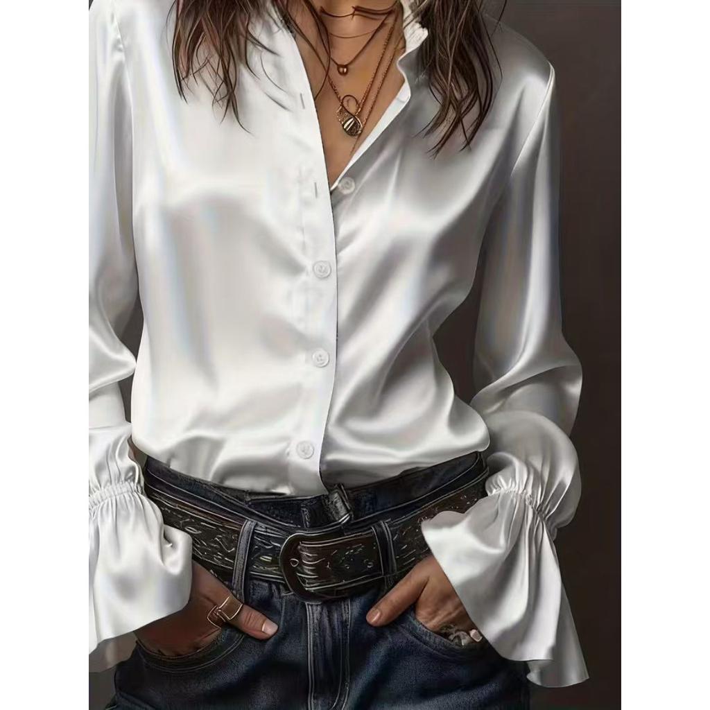 Spring New Women's Solid Satin Elegant Long Sleeve Single-Breasted Shirt Blouse, Leisure Casual Top