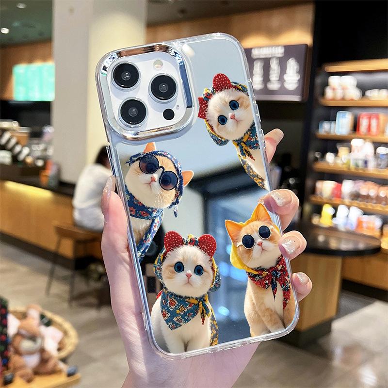 Personalized Cat Apple 12 Mobile Phone Case iPhone17promax with Mirror Protective Case 16plus Cute Replacement Mirror