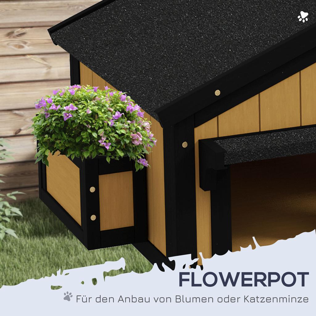 Holz-Katzenhaus mit Blumentopf, Fenstern, mehreren Eingängen, wasserdichtem Dach für den Außenbereich - Gelb