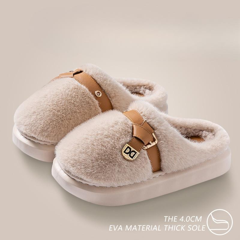 Fashion Winter Women Fluffy Slippers Fashion Belt Thick Sole Outdoor Snow Boots Platform Home Cotton Shoes Plush Warm Indoor Slippers