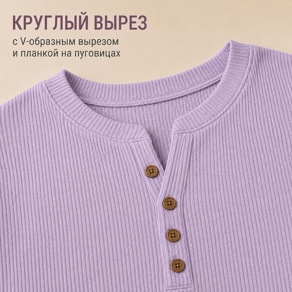 Ladies Daily Henley Style Knit Top, Long Sleeve Notch Neck Button Blouse, Curved Hem Side Buttons Loose Tunic for Street & Home Outfit
