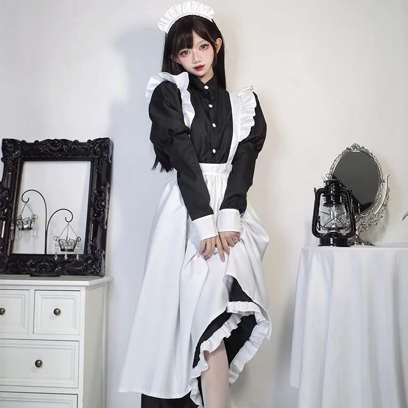 Tenue de Maid Style Japonais Noir Blanc Longue Robe Lolita Unisexe Hommes Femmes Costume d'Halloween Uniforme Ensemble Complet Adultes Grande Taille 2XL