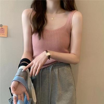 Damen Ganzjahres-Trägerstrick-Trägershirt in reiner Farbe, lässiges Weste-Top