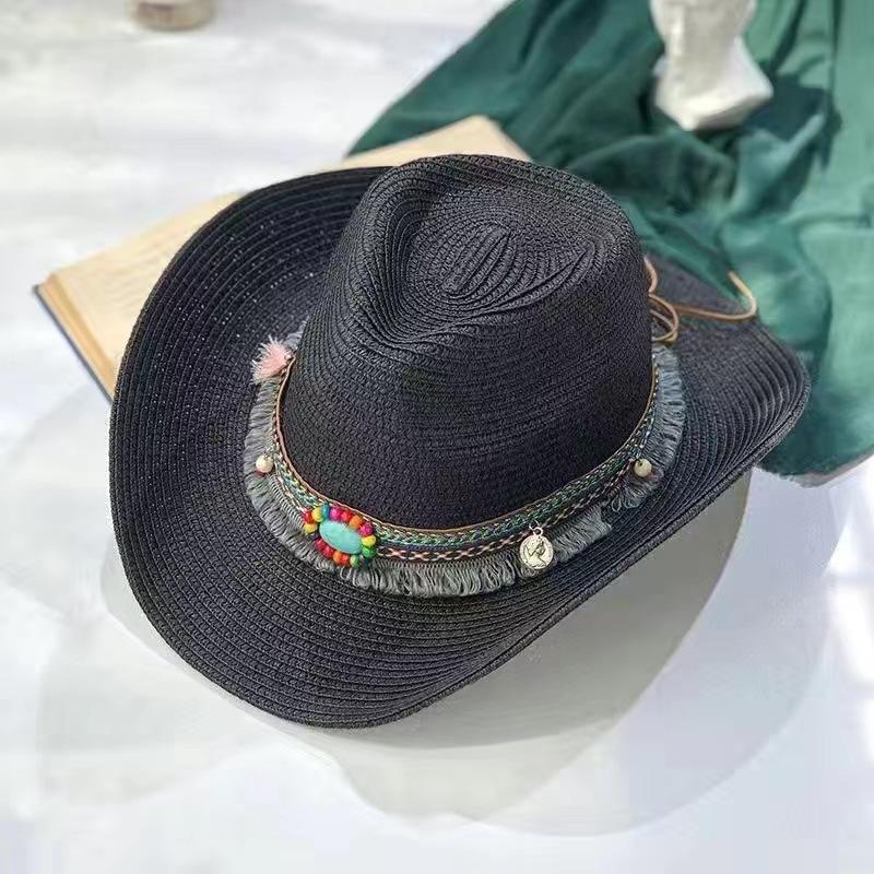 Cowboy Straw Hat Women's Summer Travel Visor Year New Ethnic Style Jazz Hat Big Brim Beach Hat