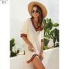 DX~Women's Sexy Hollow Out V-neck Short Sleeved Contrasting Hand Hook Patchwork Loose Beach Sun Protection Cover