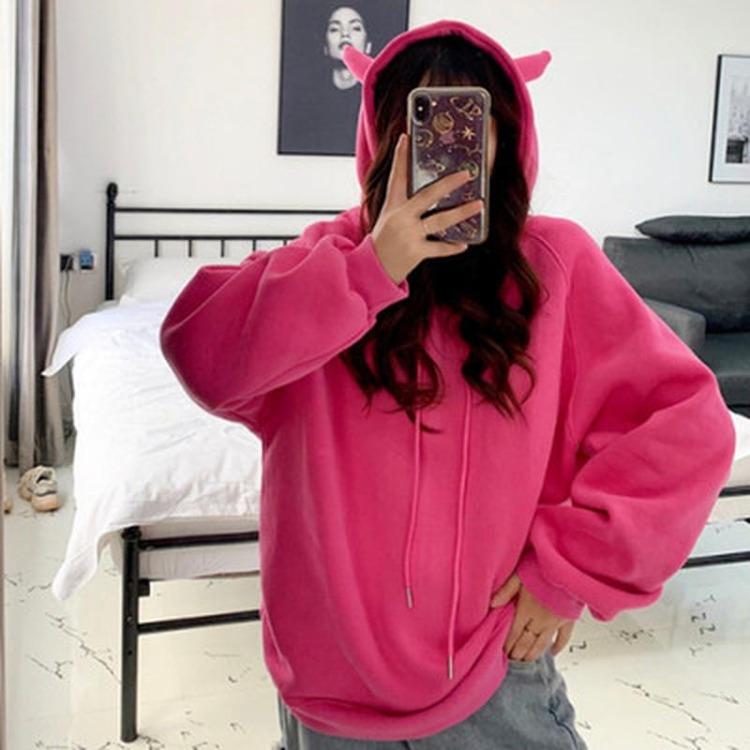 Winter Japanese Style Women Anime Hoodies Warm Fashion Loose Mid Length Thickened Velvet Long Sleeved Sweater Hooded Sweatshirt