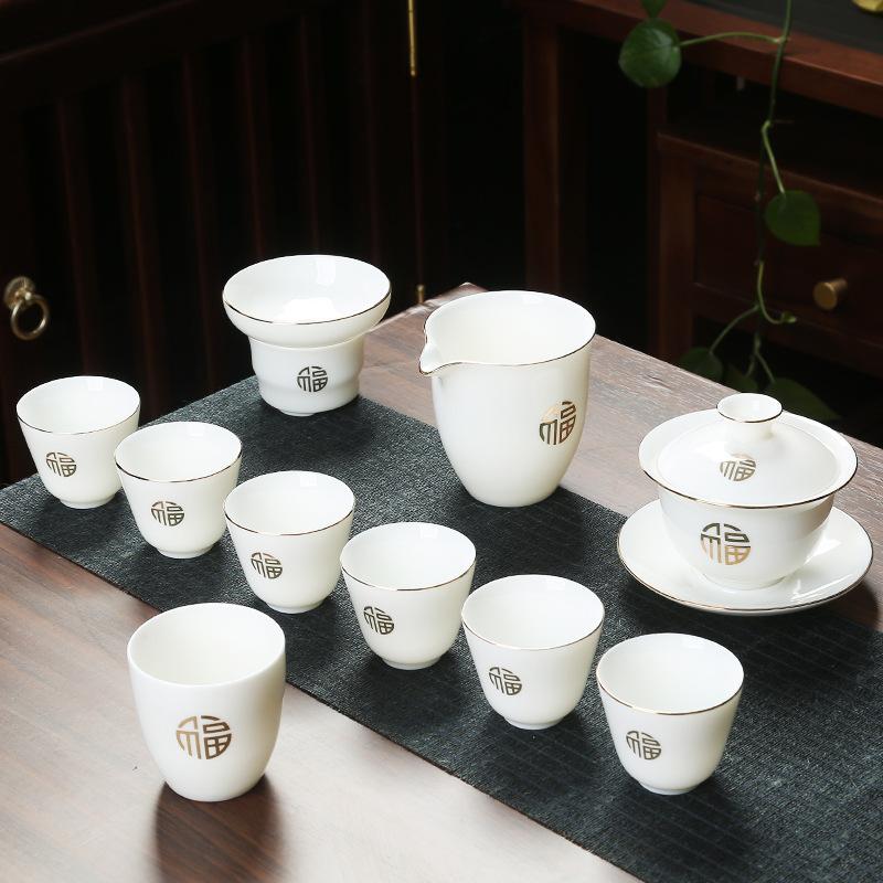 Ceramic suet jade porcelain kung fu tea set with gifts for home use
