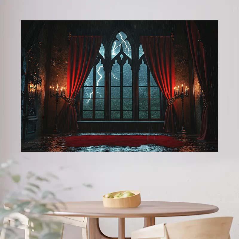 One-person Gothic window lightning red curtains polyester photography background Halloween decoration party background